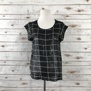 Joie XS‎ Elan Black White Checkered Sequin Short Sleeve Top Plaid Black